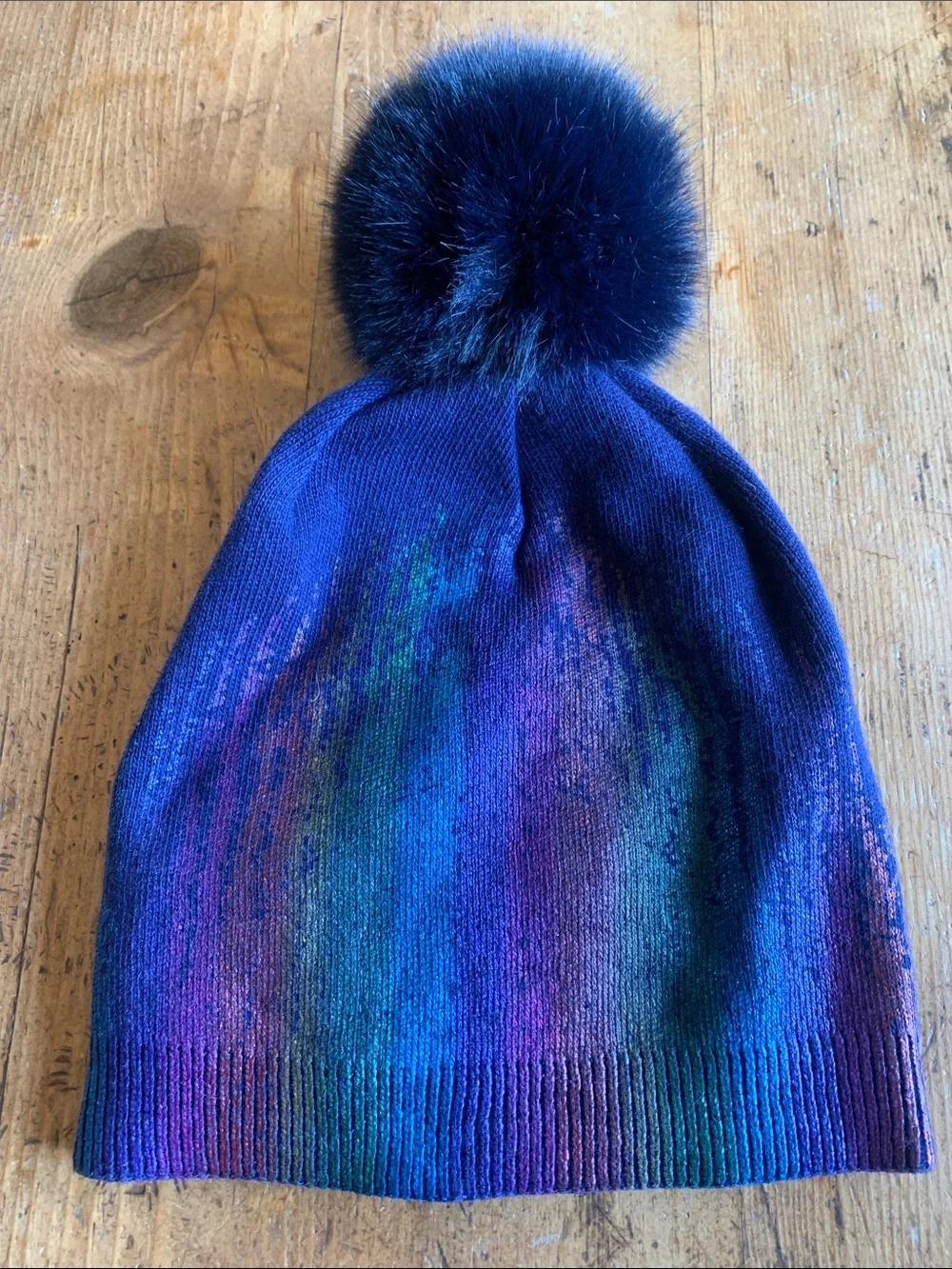 Adrienne Landau Womens Iridescent Navy Beanie with Pom